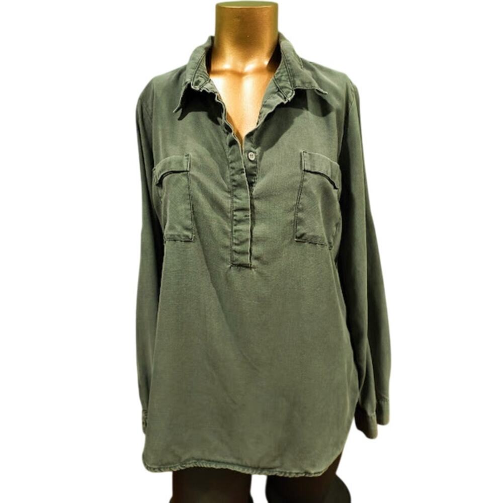 Dear John Button Neck Top with Tab Long Sleeves, GrayGreen, Size S‎